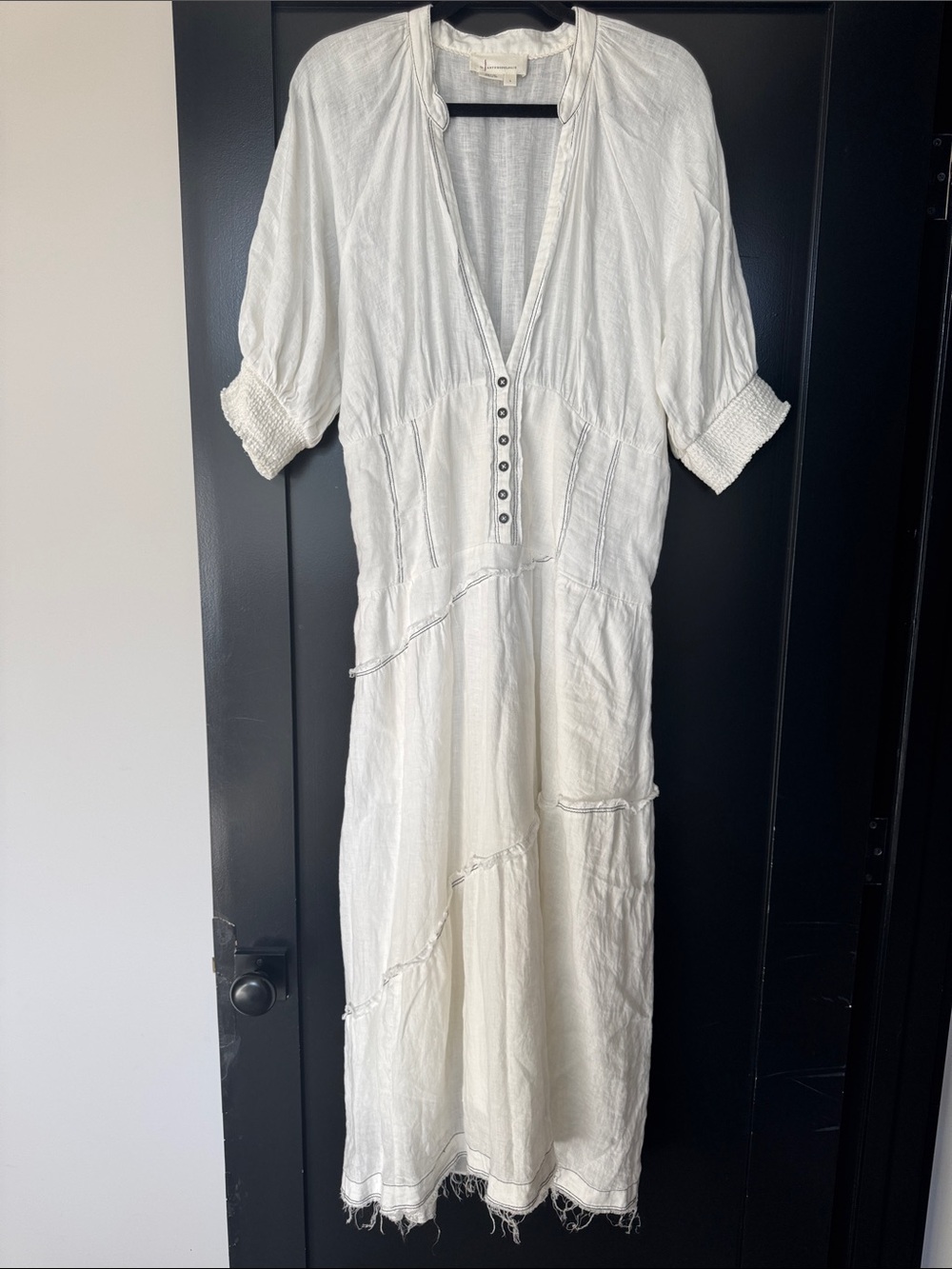Anthropology White linensummer fitted & flowy Midi Dress with Button front low v
